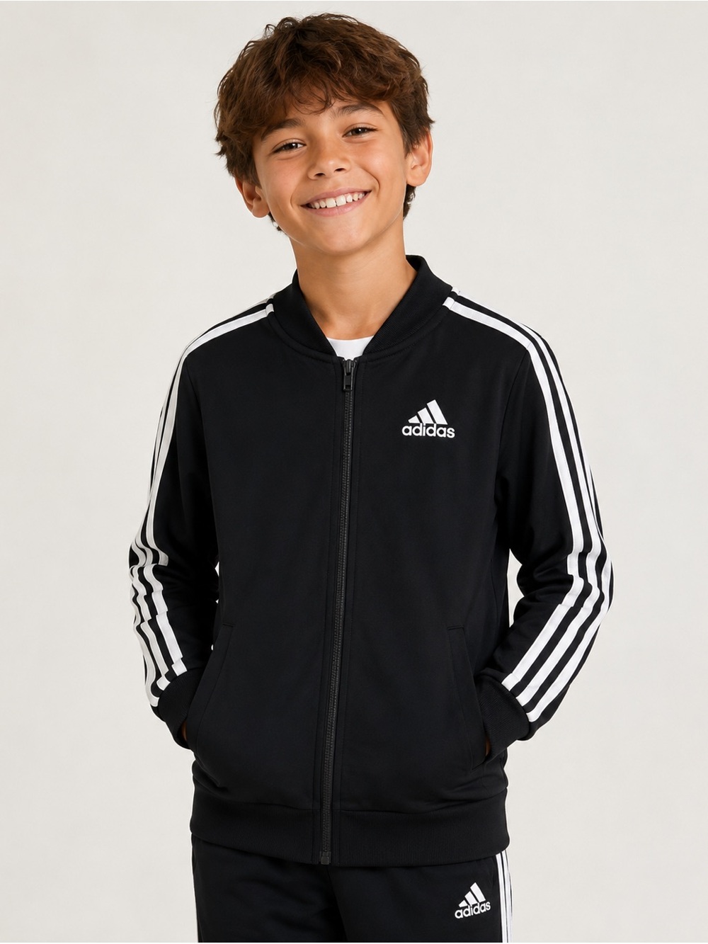 Adidas Youth M 10/12 Black Full Zip Track Jacket 3 Stripe Athletic
